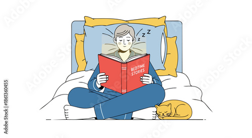 Quiet evening ritual person in pajamas reading bedtime stories with sleeping cat peaceful domestic scene