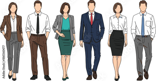 Professional business people fashion illustration, corporate team wearing formal office outfits, modern workplace style, confident employees design