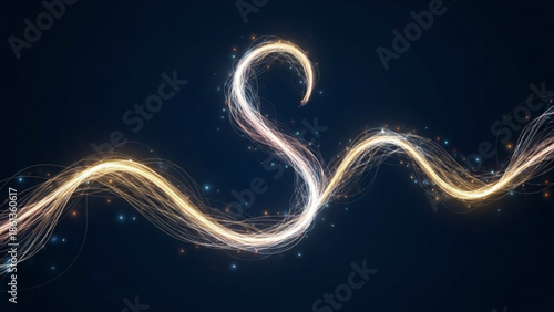 Glowing golden light trail swirling in a wavy motion against a dark blue background