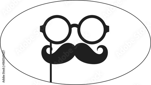 Black and white photo booth prop featuring round glasses and a large handlebar mustache on a stick