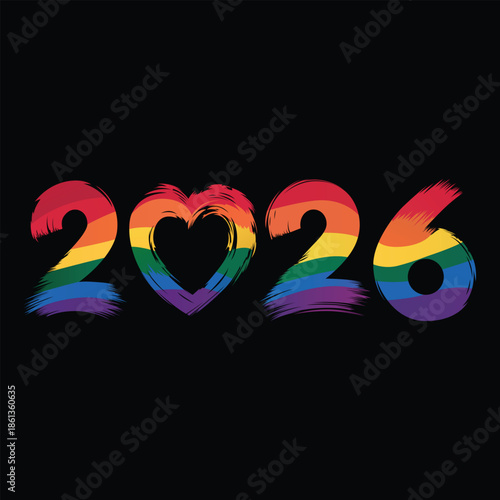 Colorful rainbow numbers 2026 with a heart shape in the middle