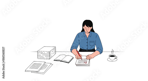 Person diligently writes and reviews documents at a tidy desk, with an open book and a hot drink, embodying focused productivity and commitment to