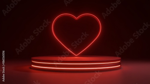 Red glowing neon heart podium for Valentine love product display, 3d rendering platform on romantic background, modern vector design concept symbolizing affection, passion and festive presentation