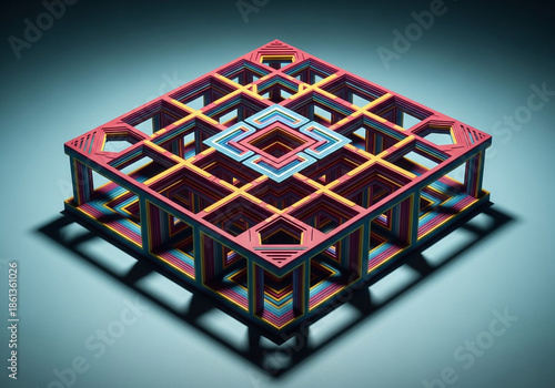 3D Layered Geometric Cube Structure on Blue Background