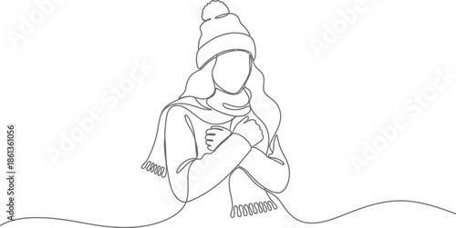 Minimalist continuous line drawing illustrates a woman dressed warmly in winter attire shivering from the cold weather
