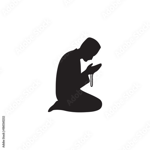a silhouette of a man kneeling in prayer holding prayer beads representing faith and devotion