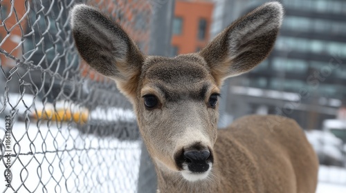 Curious Deer Peering Through Chain Link Fence in Snowy Urban Setting.