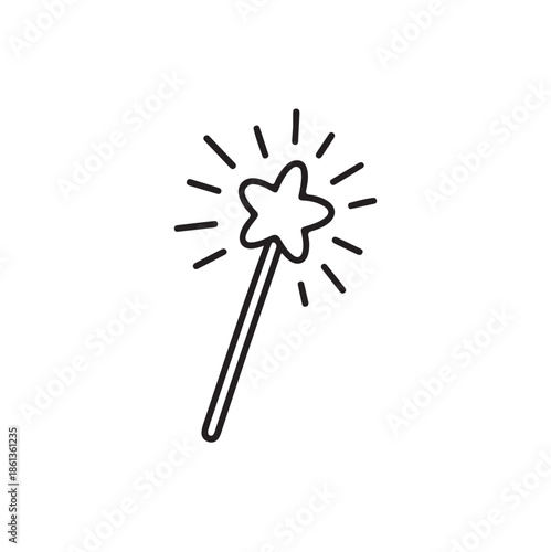 A simple line drawing depicts a whimsical star shaped magic wand emitting rays of light suggesting enchantment