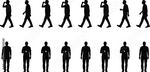 Man walking and standing silhouette icon set showing male human poses in motion and rest, representing lifestyle, activity, behavior, and everyday people concepts