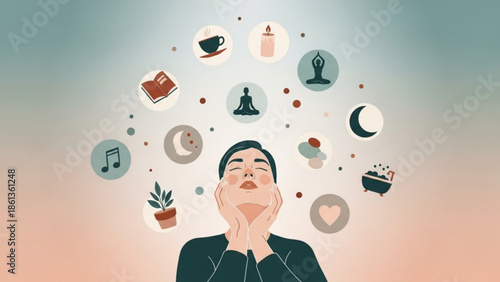 Woman relaxing with thoughts of yoga, music, reading, and self care floating above her head
