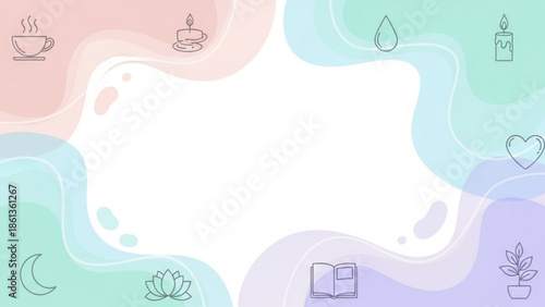 Soothing pastel background with meditation and relaxation icons, calmness and serenity concept