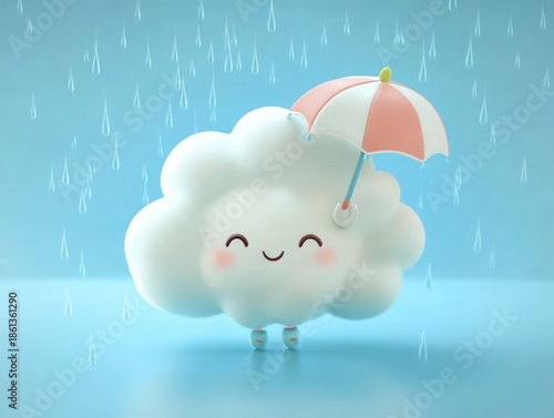 Cute Smiling Cloud Character Holding Pink Umbrella in Rainy Scene.