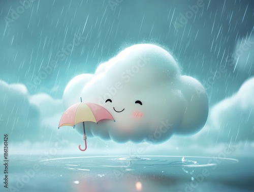 Cute Smiling Cloud Holding Pink Umbrella in Rainy Weather.