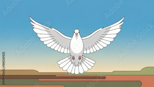 White dove with wings spread against a blue sky bird