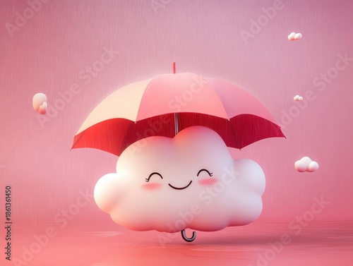 Cute Smiling Cloud Holding Red Umbrella in Pink Sky.