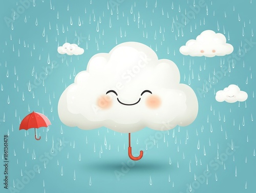 Cute Smiling Cloud Holding Red Umbrella in Rainy Sky.