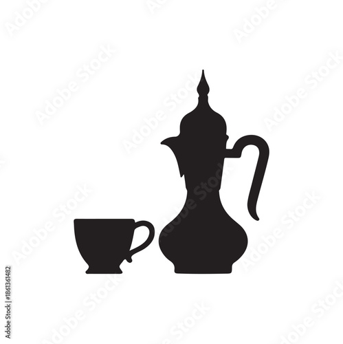 A striking black silhouette depicts an ornate arabic coffee pot alongside a small simple teacup