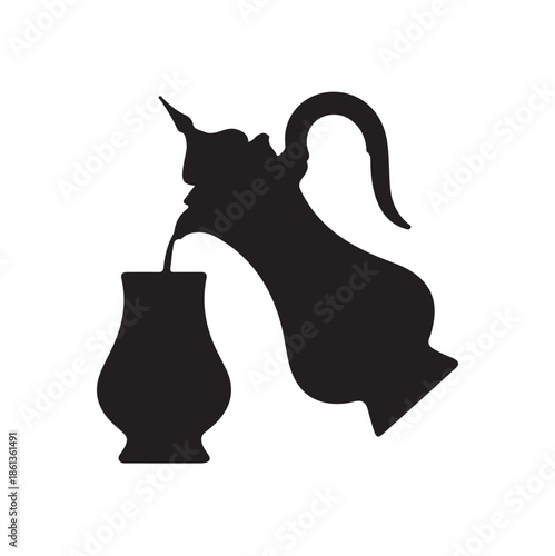 A striking black silhouette depicts a traditional arabic coffee pot pouring into a small cup showcasing cultural heritage
