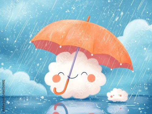 Cute Smiling Cloud Holding Orange Umbrella in Rainy Weather.