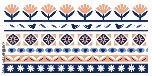 Geometric floral pattern with repetitive motifs and vibrant color scheme