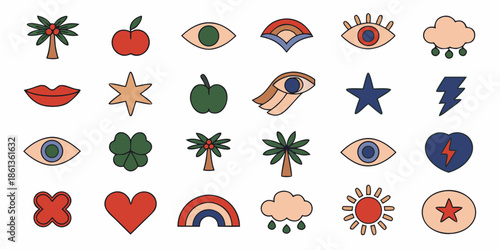 A collection of colorful and whimsical hand drawn style icons and symbols