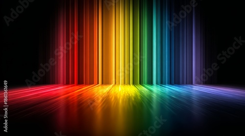 Colorful rainbow is displayed on a dark background. The rainbow is made up of many different colors, including red
