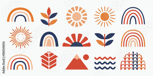 A collection of minimalist boho style sun rainbow and nature inspired illustrations