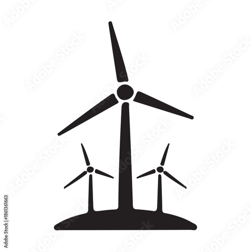 A simple black silhouette depicts three wind turbines standing on a dark undefined landscape high quality