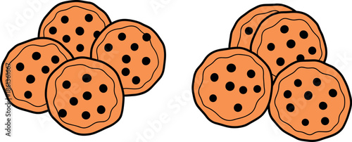 Set of simple cartoon chocolate chip cookie clusters vector illustration isolated on white background for bakery and snacks.