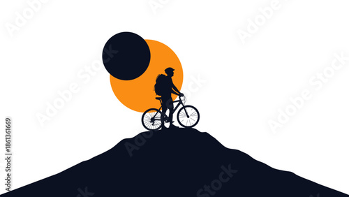 Silhouette of a person on a bicycle on a mountain peak.
