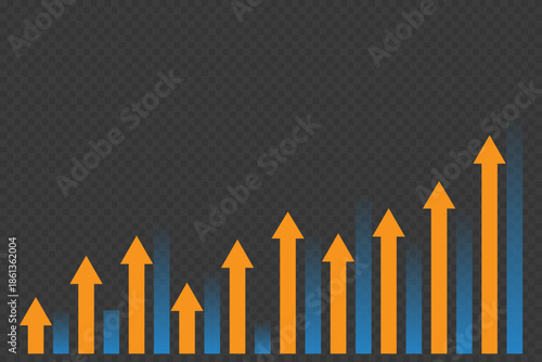 Business Growth Bar Chart , Upward arrows over rising columns, analytics and KPI performance infographic, sales increase and financial forecast concept on transparent background