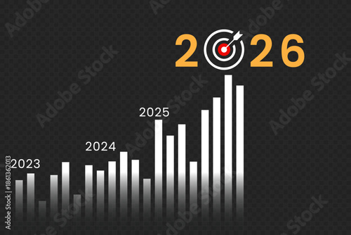 Annual Growth Timeline Chart , White bar graph rising to 2026 with bullseye target, finance results, marketing performance, KPI metrics and progress visualization