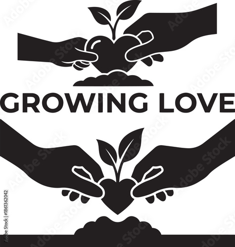 Love grows with caring hands nurturing a heart plant