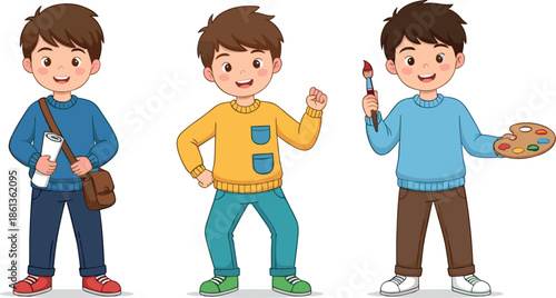 Set of three cartoon boys as diverse characters including a student with a bag and an artist holding a palette.