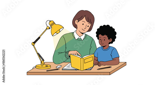Engaging educational scene showcasing an adult tutor guiding a curious young student through book lessons under bright lamplight fostering focused