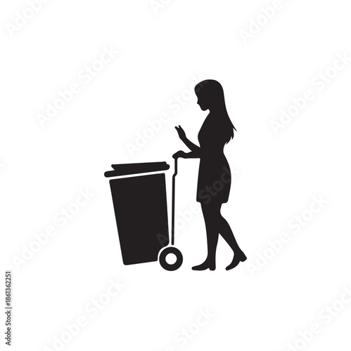 a silhouette of a woman pushing a rolling trash bin illustrating waste management and daily chores