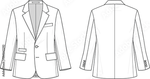 "Vector Illustration of Formal Blazer with Notched Lapels, Button Closure, and Pocket Details for Fashion Design Technical Drawing."