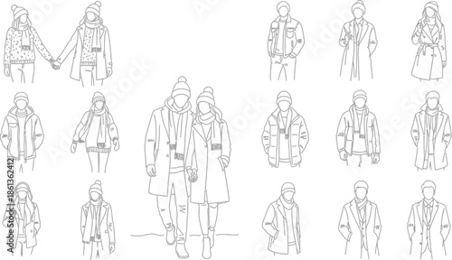 Collection of outline illustrations showcasing diverse couples and individuals wearing various stylish winter hats coats and scarves
