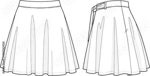 Technical fashion flat sketch of a flared mini skirt, front and side view, high waisted circle skirt with belt vector.