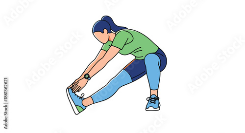 Focused woman in activewear performing a dynamic hamstring stretch illustration. Preparing for fitness routine with dedication and proper warm-up