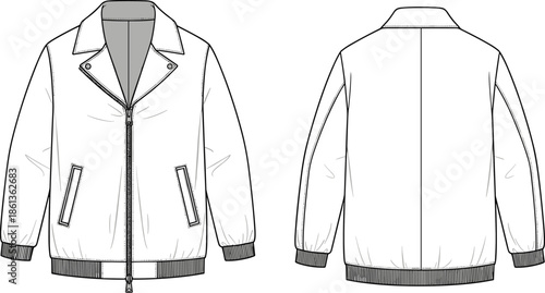Technical fashion flat sketch of biker style bomber jacket, front back view, asymmetrical zip collar, ribbed hem and cuffs vector.