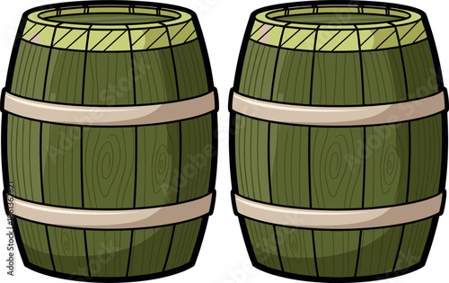 Set of two rustic wooden barrels with metal hoops and a wooden lid for vintage storage or winery concept.