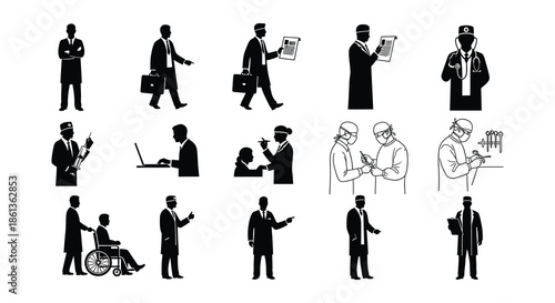 Black silhouettes depict various healthcare professionals and patient interactions