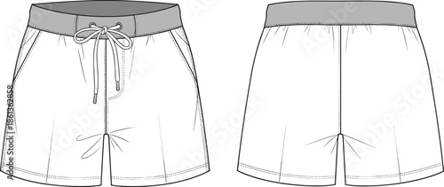 Technical fashion flat sketch of drawstring lounge shorts, front and back view, elastic waistband sports trunks vector, casual summer apparel.