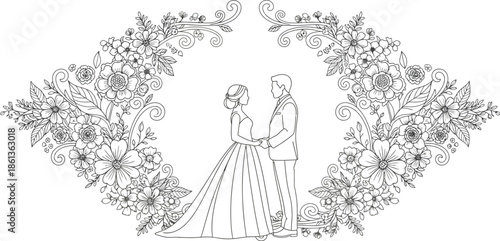 Elegant black and white line art features a newly married couple holding hands within a decorative floral border design