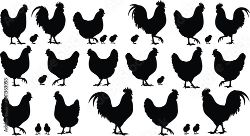 Chicken and rooster silhouette icon set with hens and chicks, illustrating farm animals, poultry farming, rural life, agriculture, and domestic bird concepts