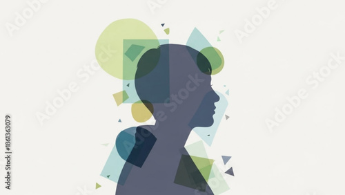 Geometric profile of a person's head with colorful abstract shapes around it,