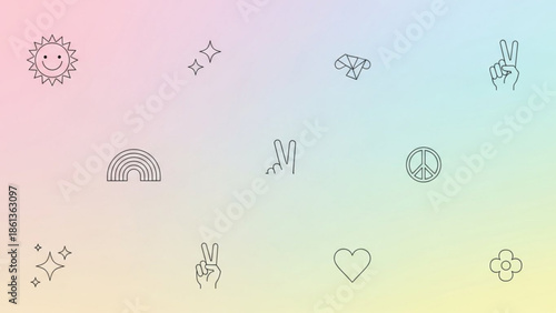 Peaceful colorful background with peace signs and love symbols