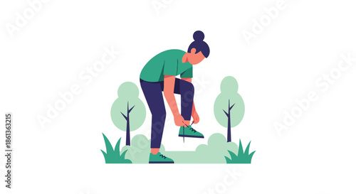 Dynamic illustration of an individual securing footwear in a vibrant park landscape. This scene captures the essence of readiness for exercise and