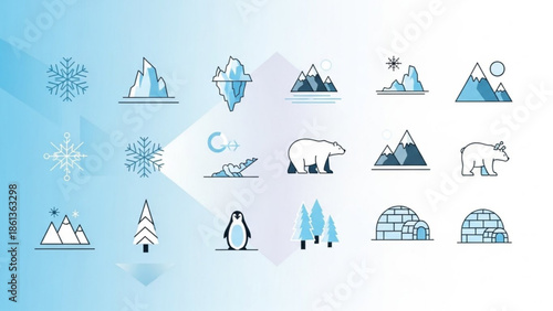 Winter icons set with snowflakes, mountains, polar animals and igloos in blue and white
